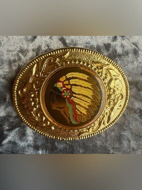 Gold-Tone Western Belt Buckle with Feather Headdress Accent
